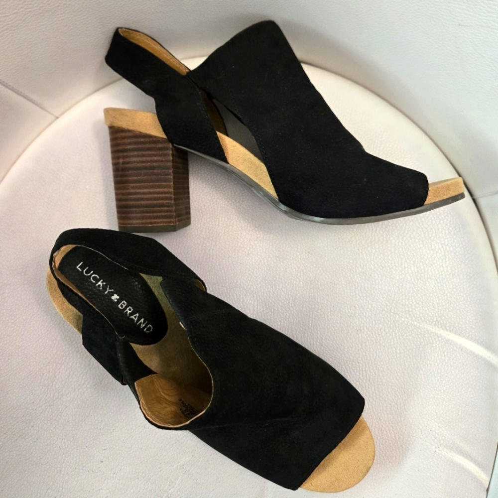 Lucky Brand Black Leather Saundra Heeled Sandal Shootie Size 11